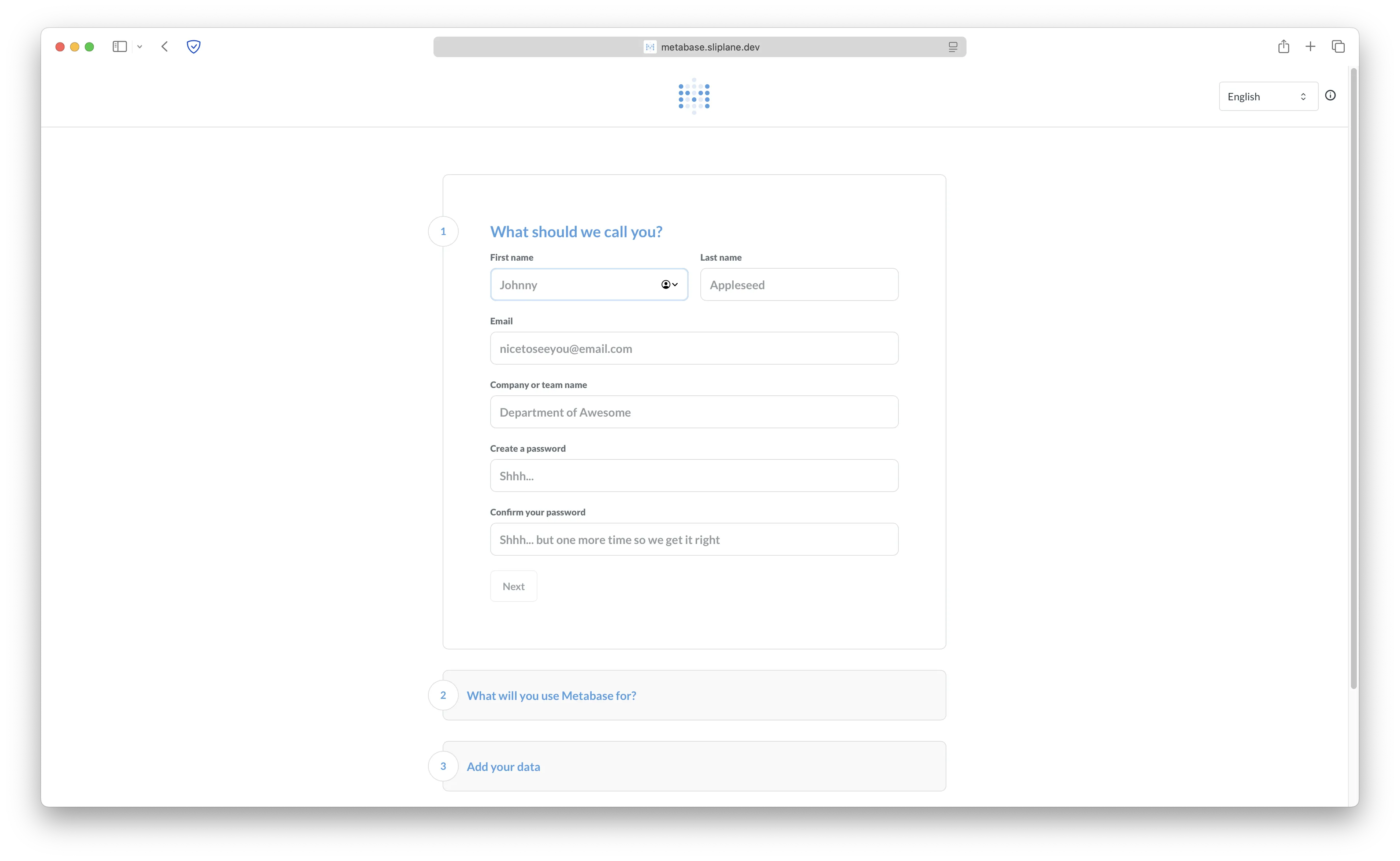 Metabase Setup Screen